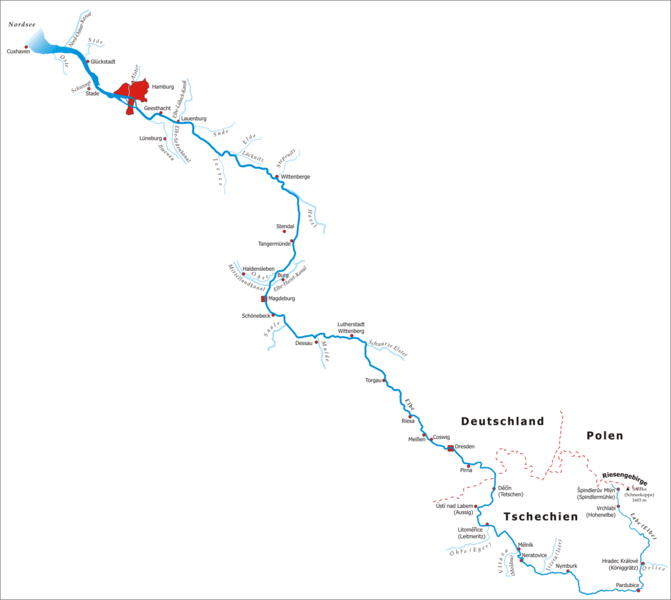 Die Elbe - Karte des Flussverlaufs - Medienwerkstatt-Wissen © 2006-2021