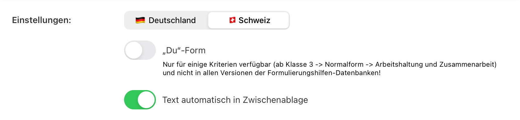 Wahl zwischen Deutscher und Schweizer Variante